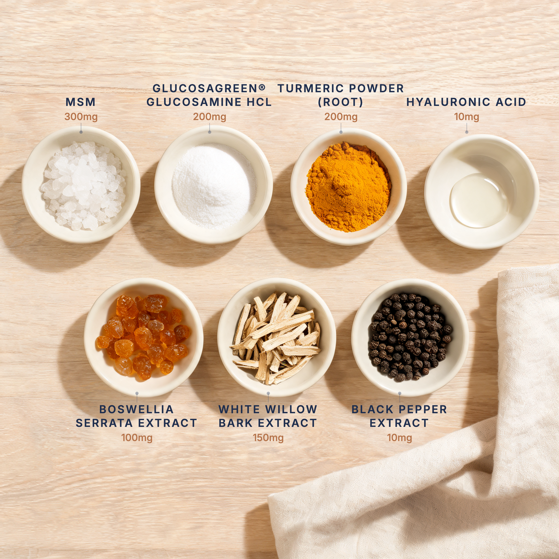 Seven FLEXORA ingredients in labeled bowls, each marked with its amount: MSM 300mg, GlucosaGreen glucosamine 200mg, turmeric powder 200mg, hyaluronic acid 10mg, Boswellia serrata 100mg, white willow bark 150mg, black pepper extract 10mg.