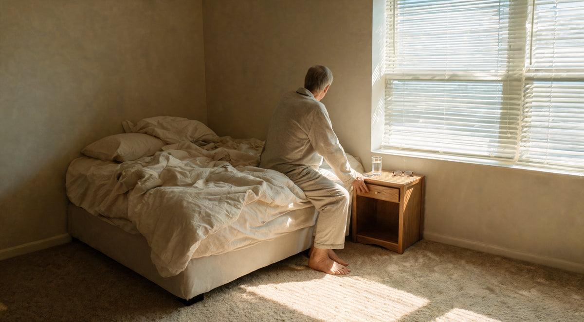 An older man sitting on the edge of an unmade bed, one hand resting on a nightstand with a glass of water and glasses, facing a sunlit window.