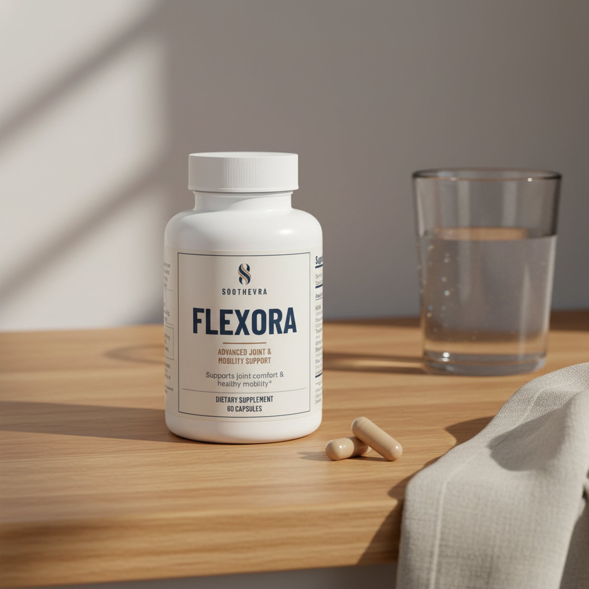 A bottle of FLEXORA and two capsules on a wooden counter, next to a glass of water.