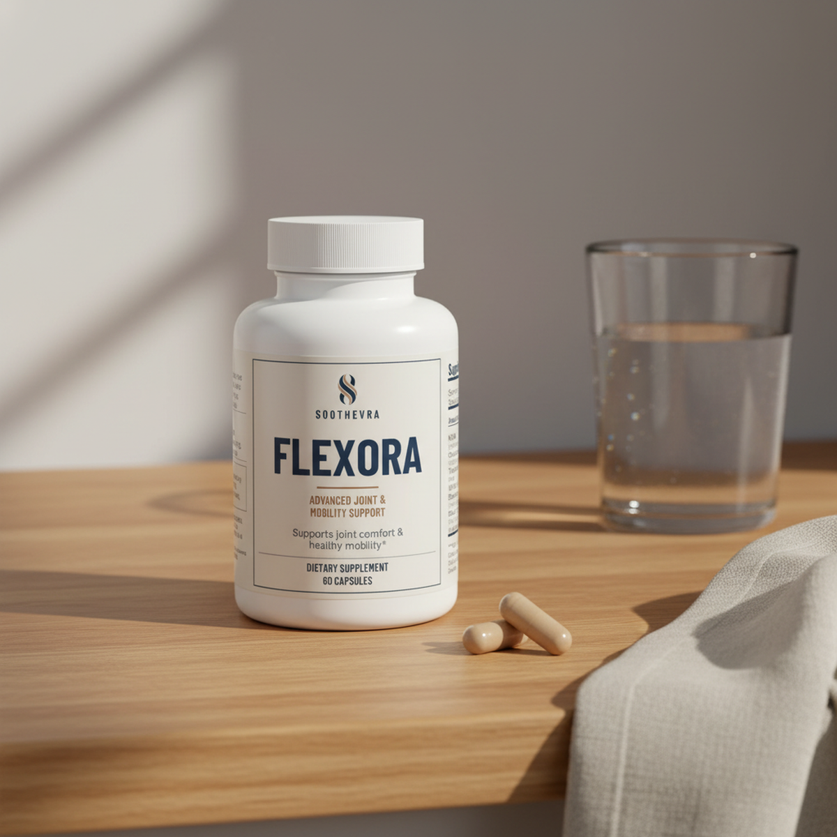 A bottle of FLEXORA and two capsules on a wooden counter, next to a glass of water.