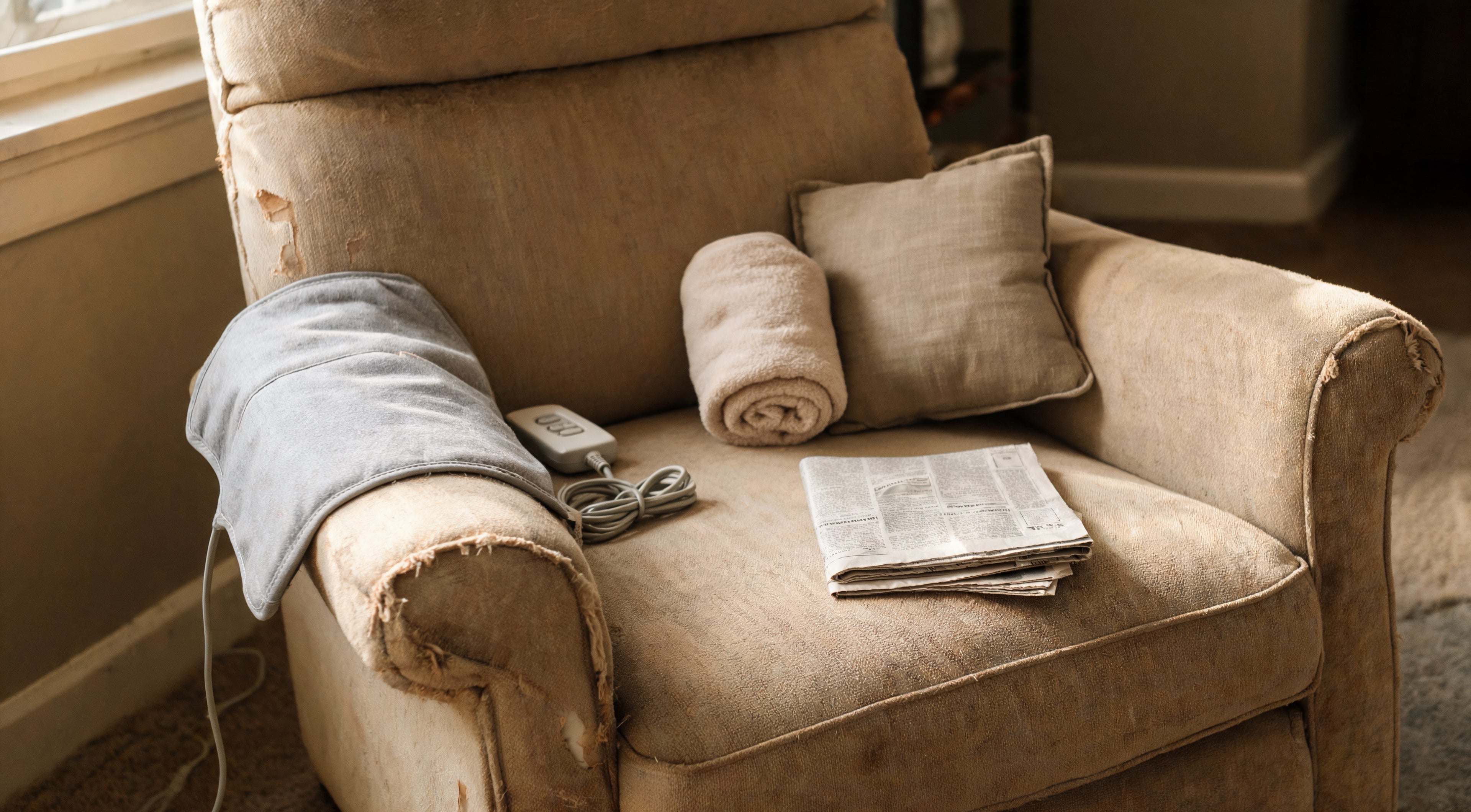 A worn armchair holding a heating pad, a rolled towel, a pillow, and a folded newspaper.